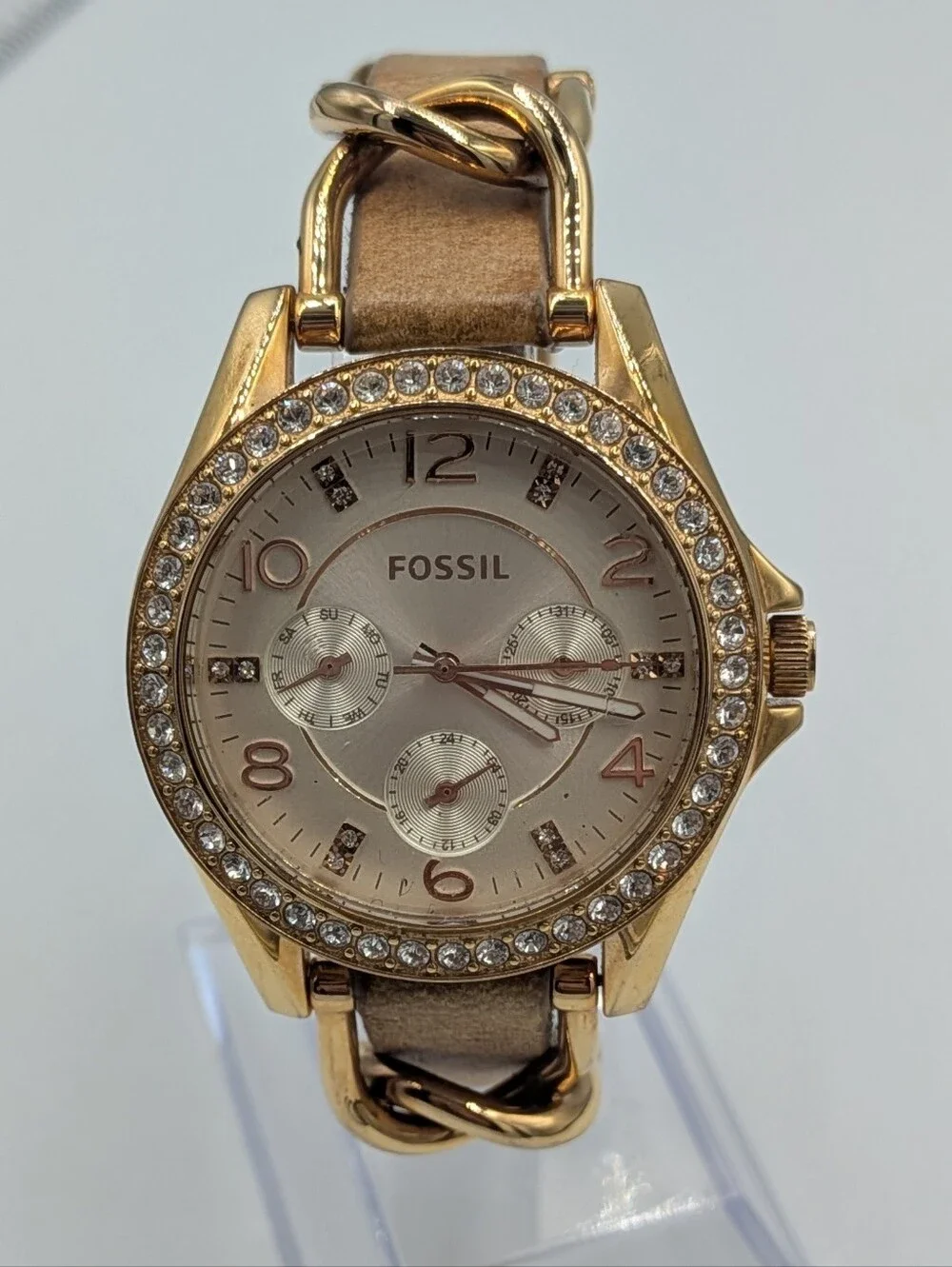 Fossil Watch Riley Women's Beige Gold Crystal Bezel Analog Dial Quartz Wristwatc